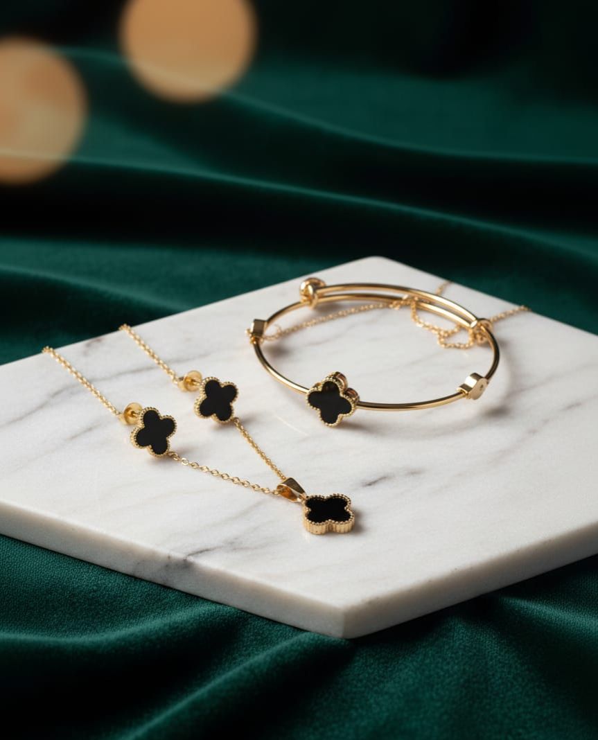Black Clover Jewelry Set for Women – Necklace, Earrings & Bracelet - jewelbysitara